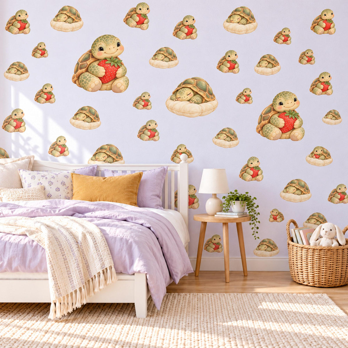 Tortoise Wall Stickers, Baby Tortoise Nursery Decor, Strawberry Wall Decals, Olive Red Cream Kids Room Animal Peel and Stick Wall Art