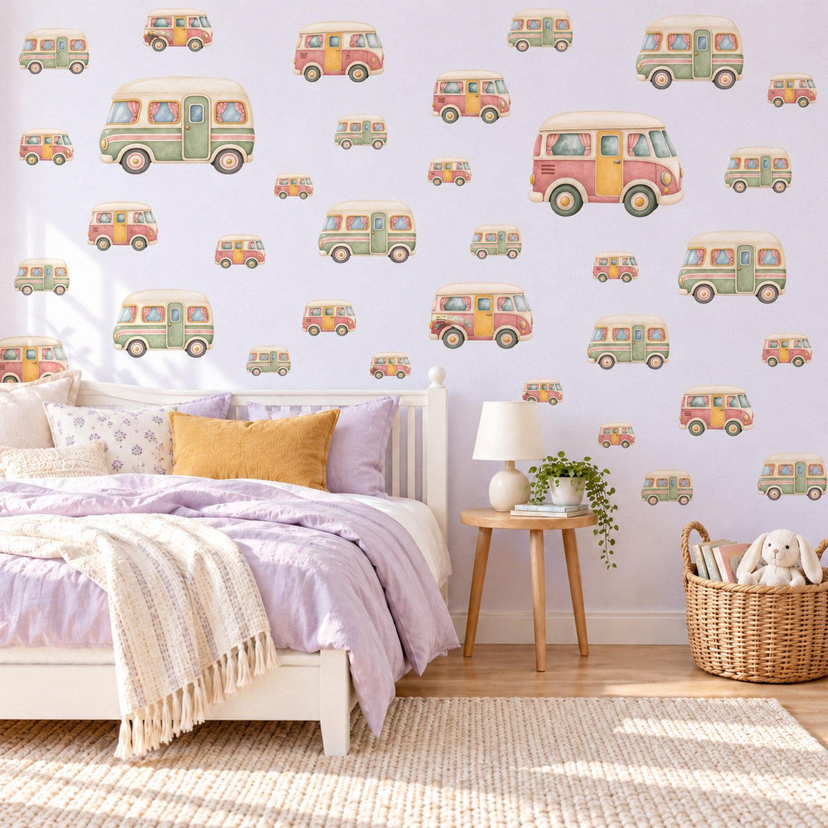 Camper Van Wall Stickers, Road Trip Nursery Decor, Retro Toy Van Wall Decals, Sage Coral Mustard Kids Room Peel and Stick Wall Art