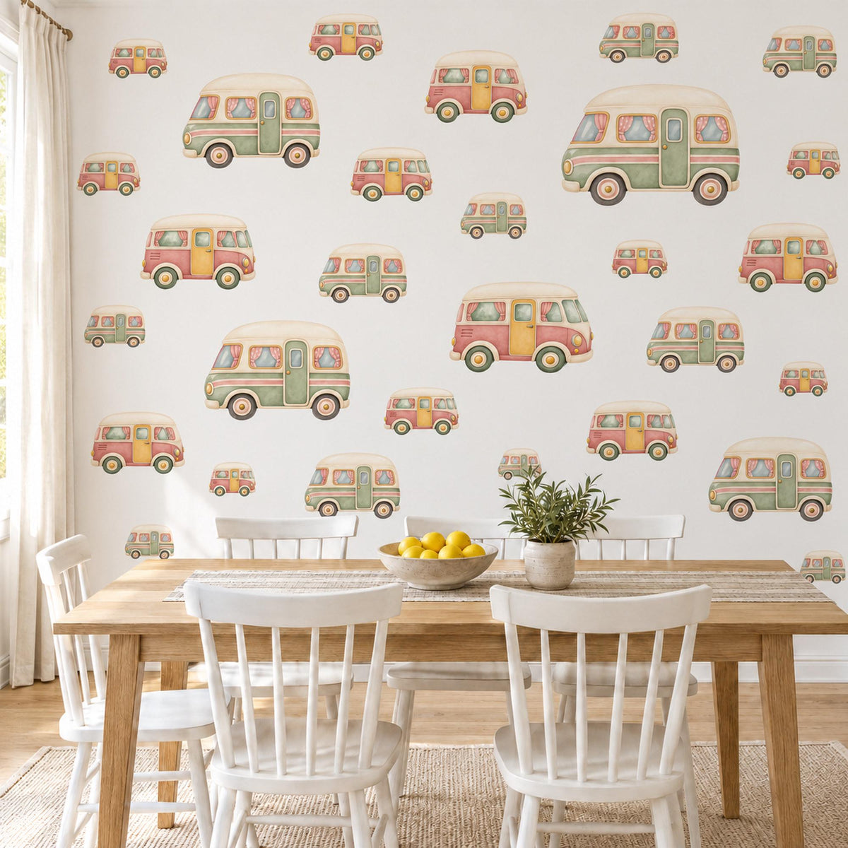 Camper Van Wall Stickers, Road Trip Nursery Decor, Retro Toy Van Wall Decals, Sage Coral Mustard Kids Room Peel and Stick Wall Art