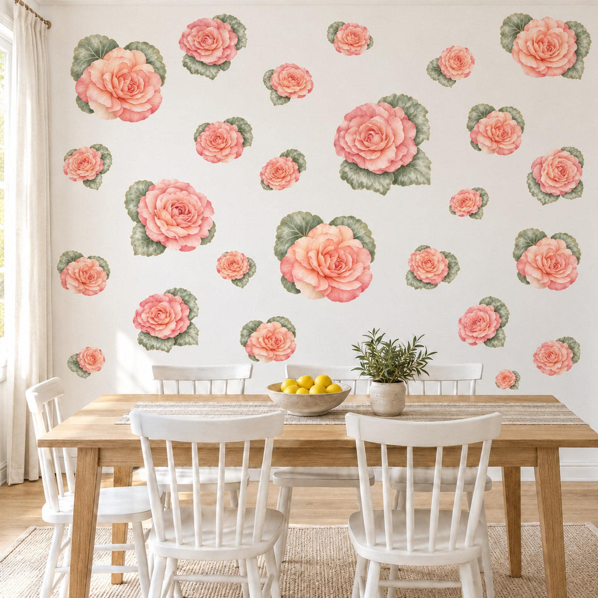 Begonia Wall Stickers, Peach Flower Nursery Decor, Botanical Rose Wall Decals, Coral Pink Green Girls Room Peel and Stick Wall Art
