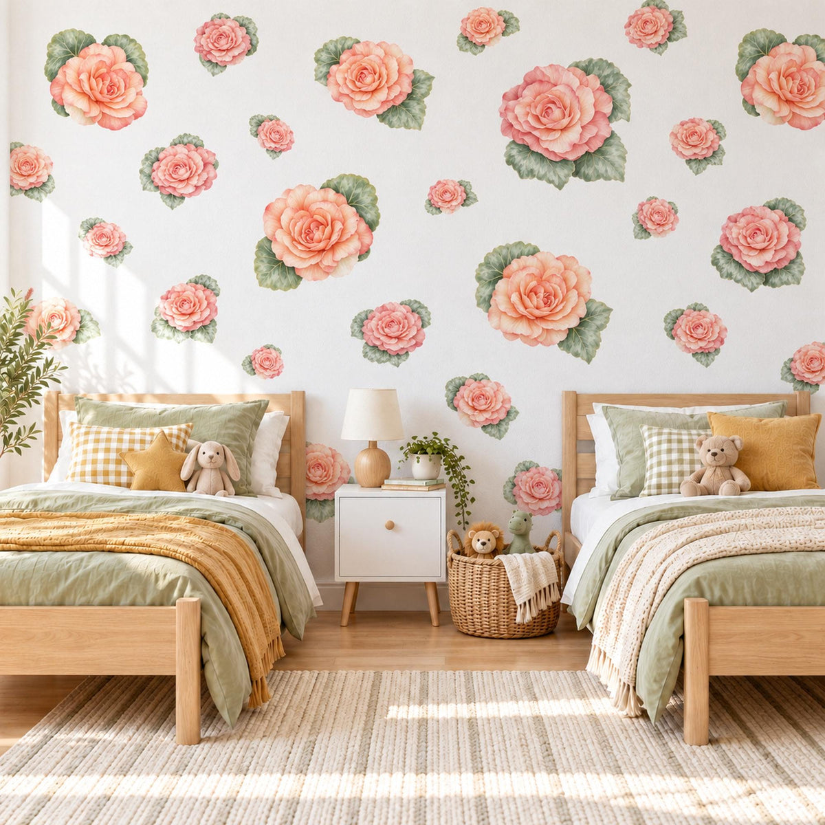 Begonia Wall Stickers, Peach Flower Nursery Decor, Botanical Rose Wall Decals, Coral Pink Green Girls Room Peel and Stick Wall Art