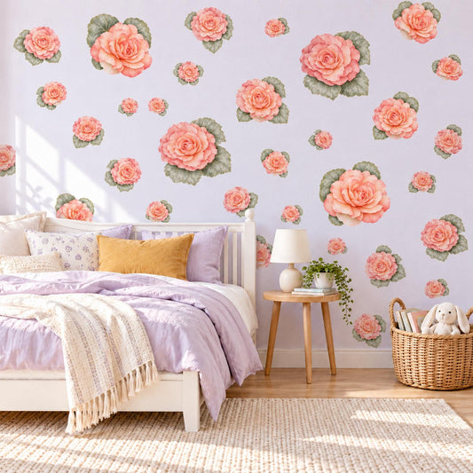 Begonia Wall Stickers, Peach Flower Nursery Decor, Botanical Rose Wall Decals, Coral Pink Green Girls Room Peel and Stick Wall Art