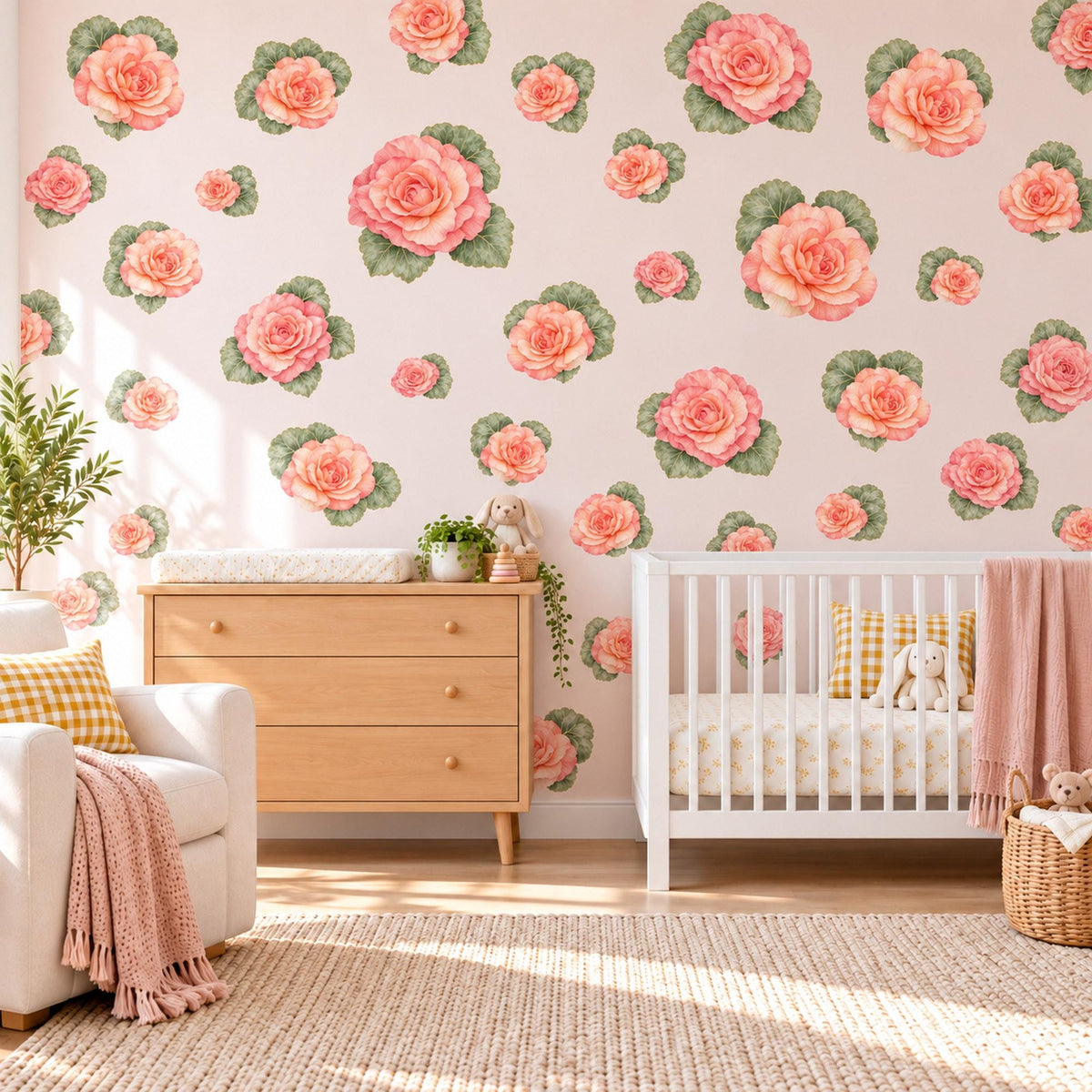 Begonia Wall Stickers, Peach Flower Nursery Decor, Botanical Rose Wall Decals, Coral Pink Green Girls Room Peel and Stick Wall Art