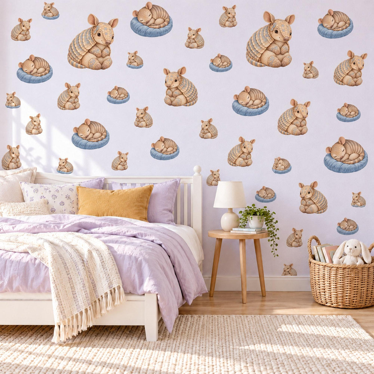 Armadillo Wall Stickers, Baby Animal Nursery Decor, Sleepy Armadillo Wall Decals, Tan Blue Cream Kids Room Peel and Stick Wall Art