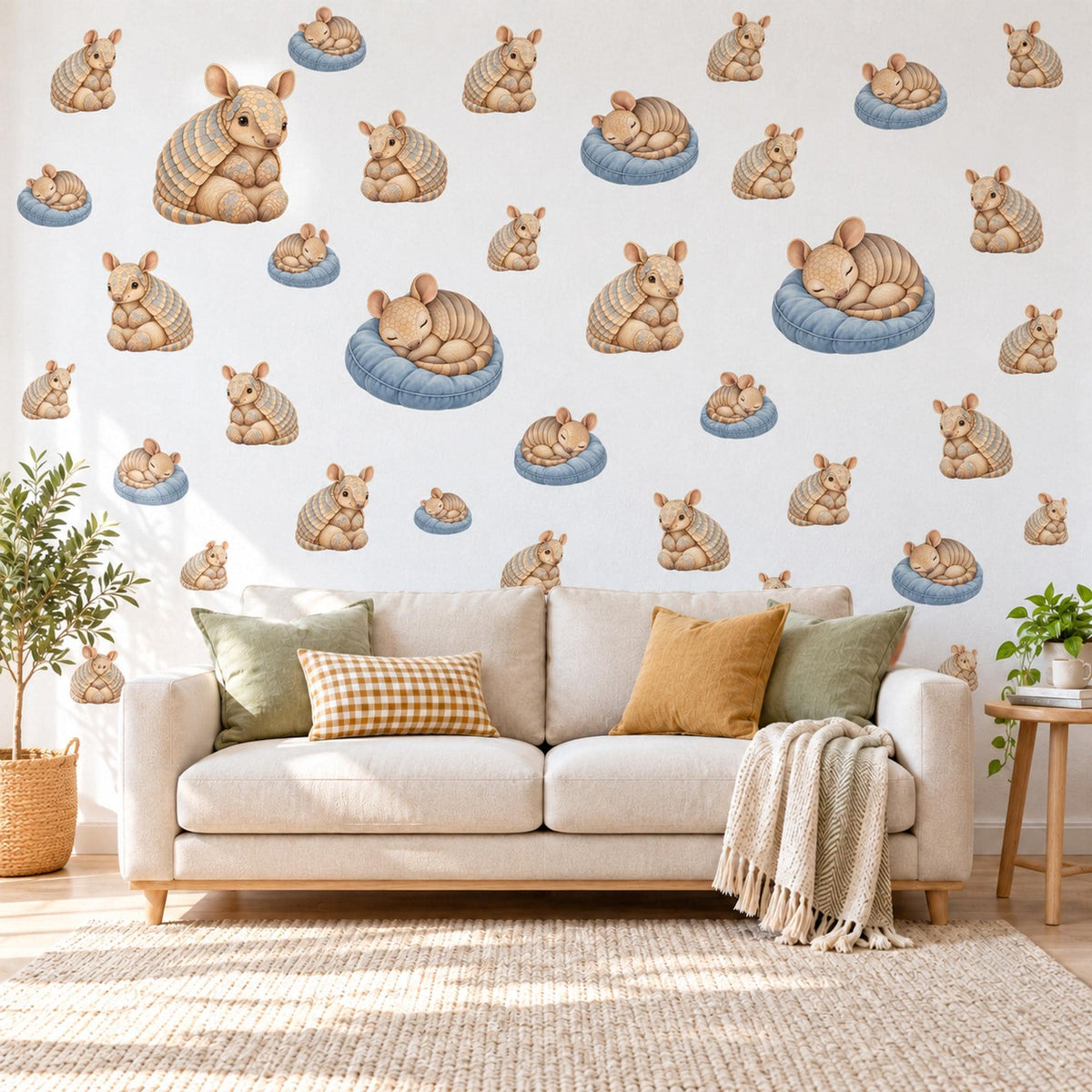 Armadillo Wall Stickers, Baby Animal Nursery Decor, Sleepy Armadillo Wall Decals, Tan Blue Cream Kids Room Peel and Stick Wall Art