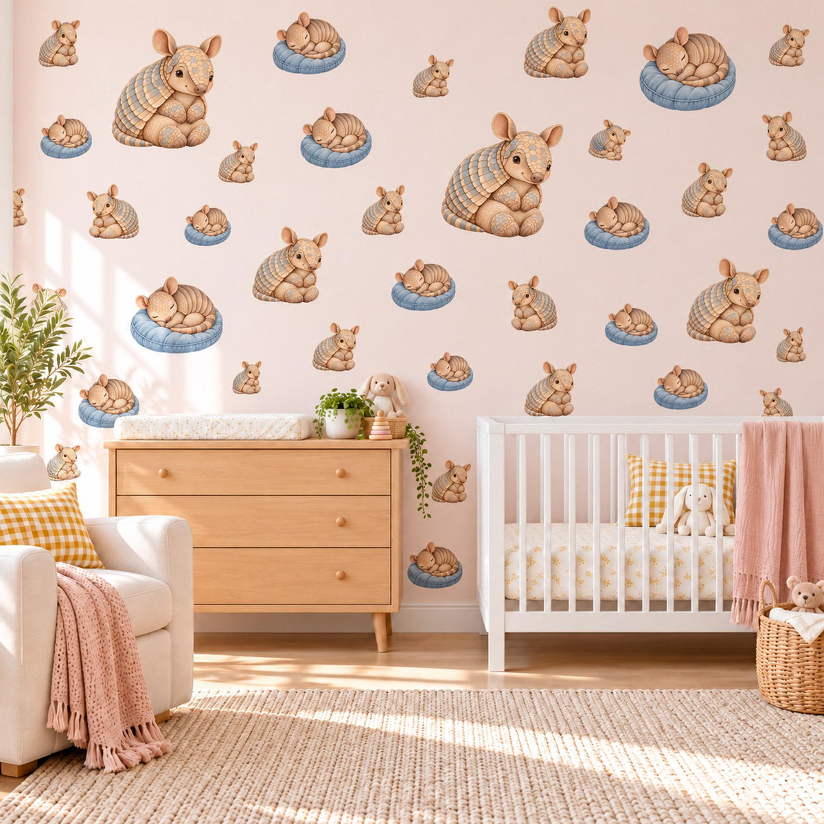 Armadillo Wall Stickers, Baby Animal Nursery Decor, Sleepy Armadillo Wall Decals, Tan Blue Cream Kids Room Peel and Stick Wall Art