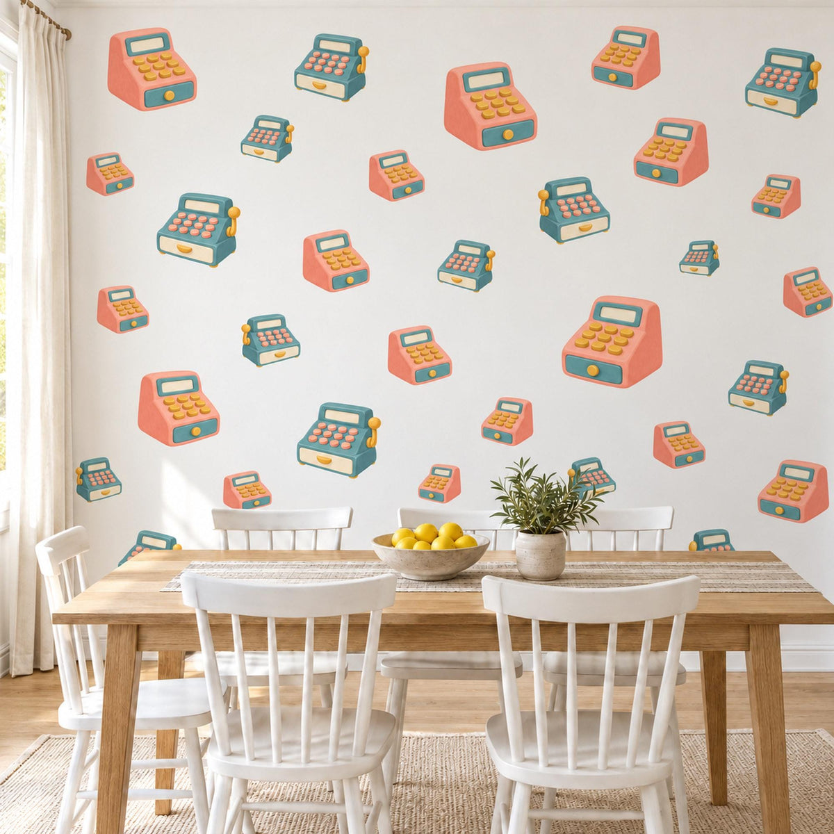 Cash Register Wall Stickers, Toy Shop Playroom Decor, Retro Till Wall Decals, Coral Teal Mustard Kids Room Peel and Stick Wall Art
