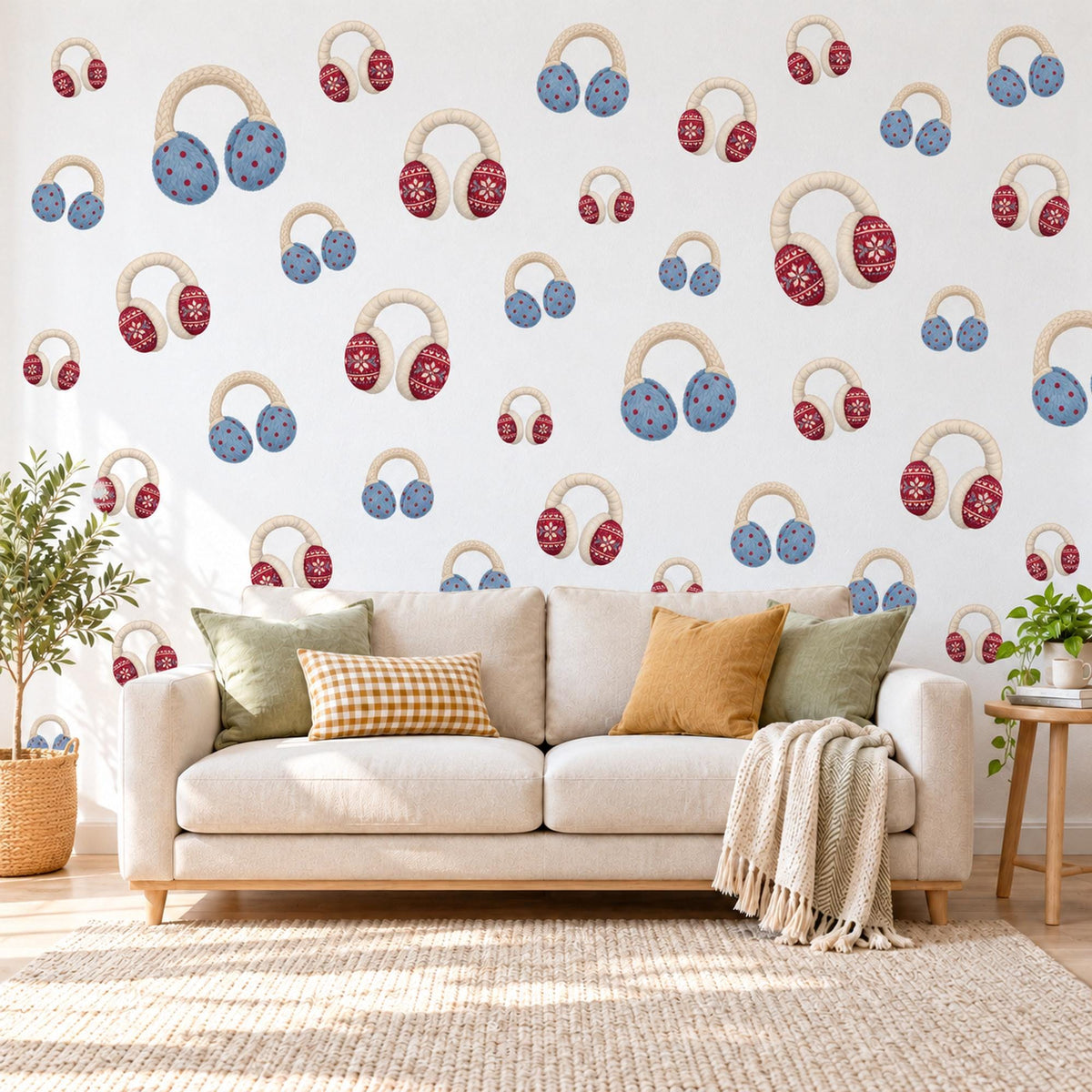 Earmuff Wall Stickers, Winter Nursery Decor, Fair Isle Knit Wall Decals, Red Blue Cream Kids Room Christmas Peel and Stick Wall Art