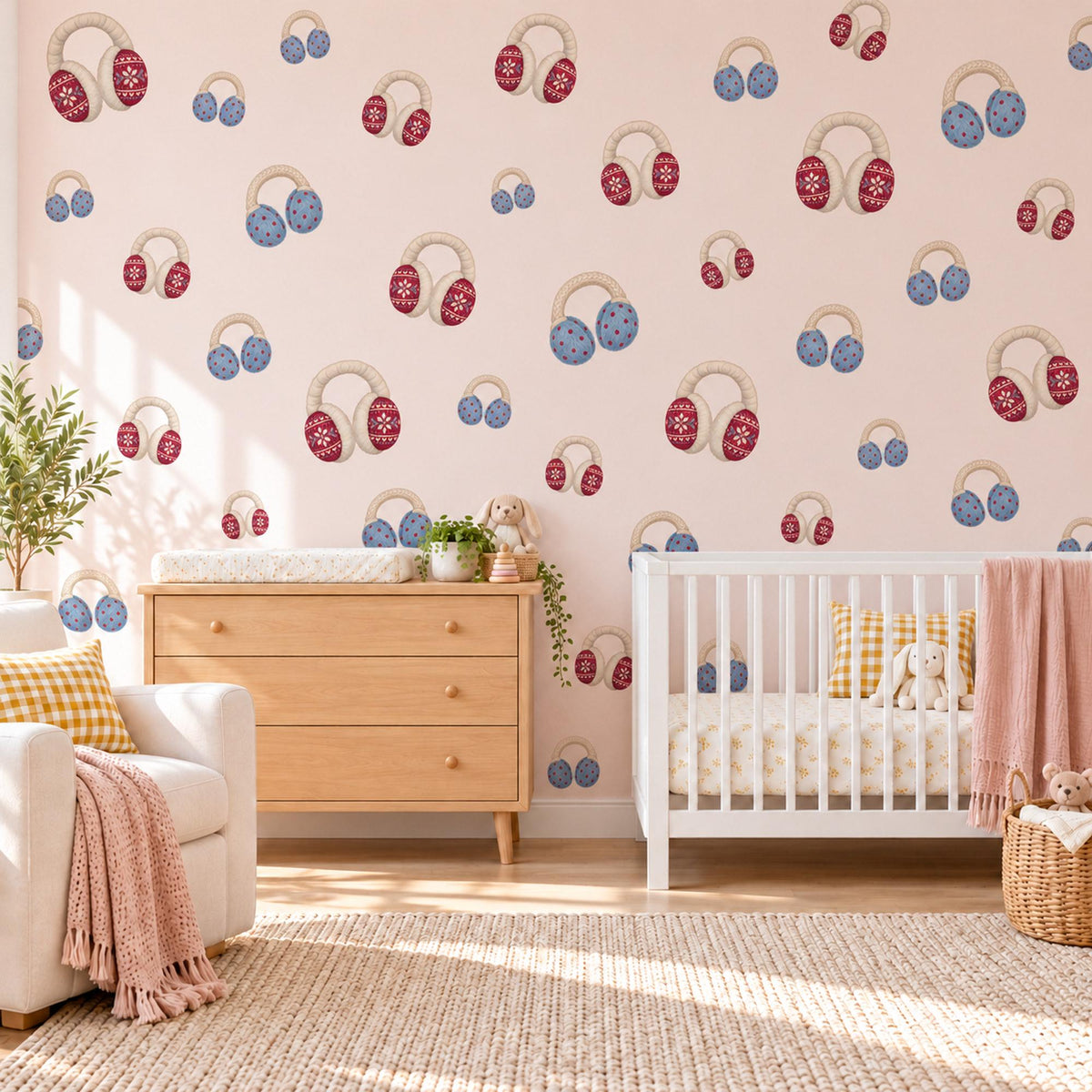 Earmuff Wall Stickers, Winter Nursery Decor, Fair Isle Knit Wall Decals, Red Blue Cream Kids Room Christmas Peel and Stick Wall Art