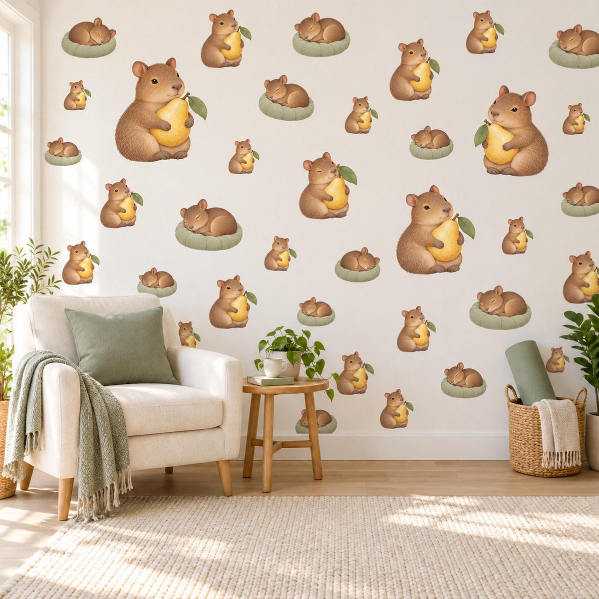 Guinea Pig Wall Stickers, Baby Cavy Nursery Decor, Pear Animal Wall Decals, Brown Yellow Sage Kids Room Peel and Stick Wall Art