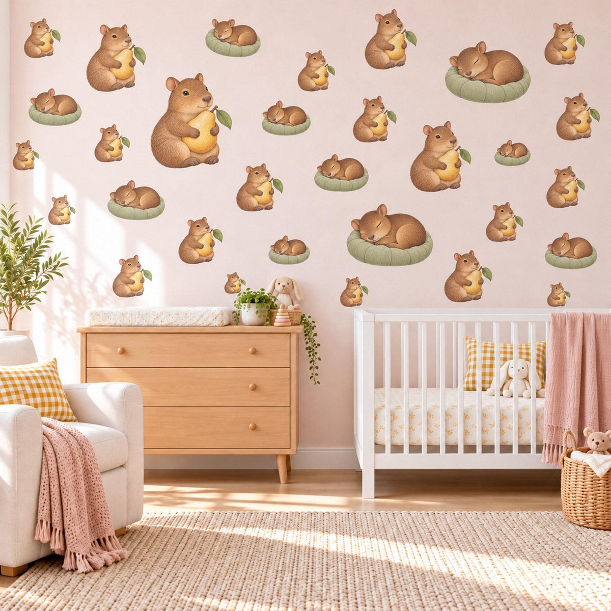 Guinea Pig Wall Stickers, Baby Cavy Nursery Decor, Pear Animal Wall Decals, Brown Yellow Sage Kids Room Peel and Stick Wall Art