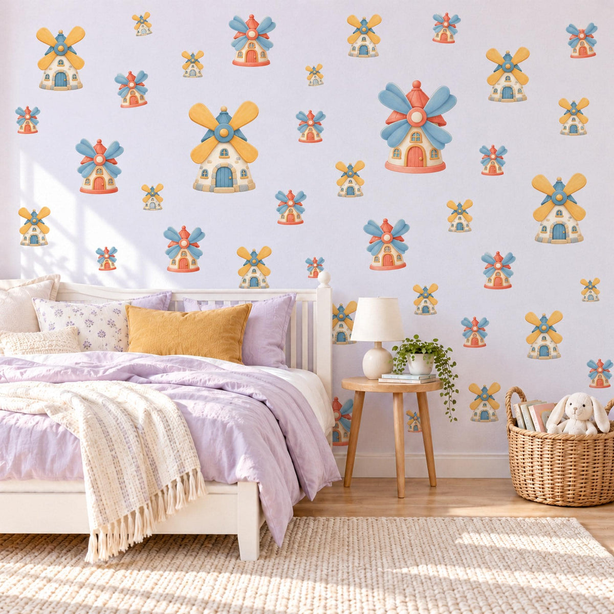 Windmill Wall Stickers, Toy Windmill Nursery Decor, Storybook Windmill Wall Decals, Yellow Blue Coral Kids Room Peel and Stick Wall Art