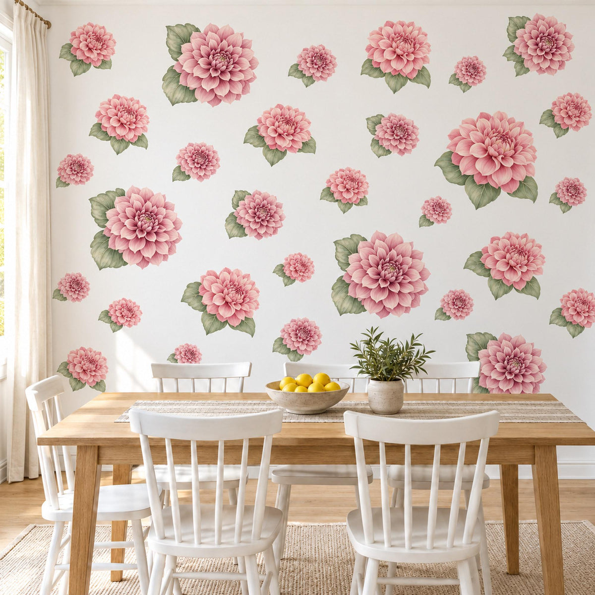 Dahlia Wall Stickers, Floral Nursery Decor, Mauve Flower Wall Decals, Dusty Rose Sage Girls Kids Room Peel and Stick Wall Art