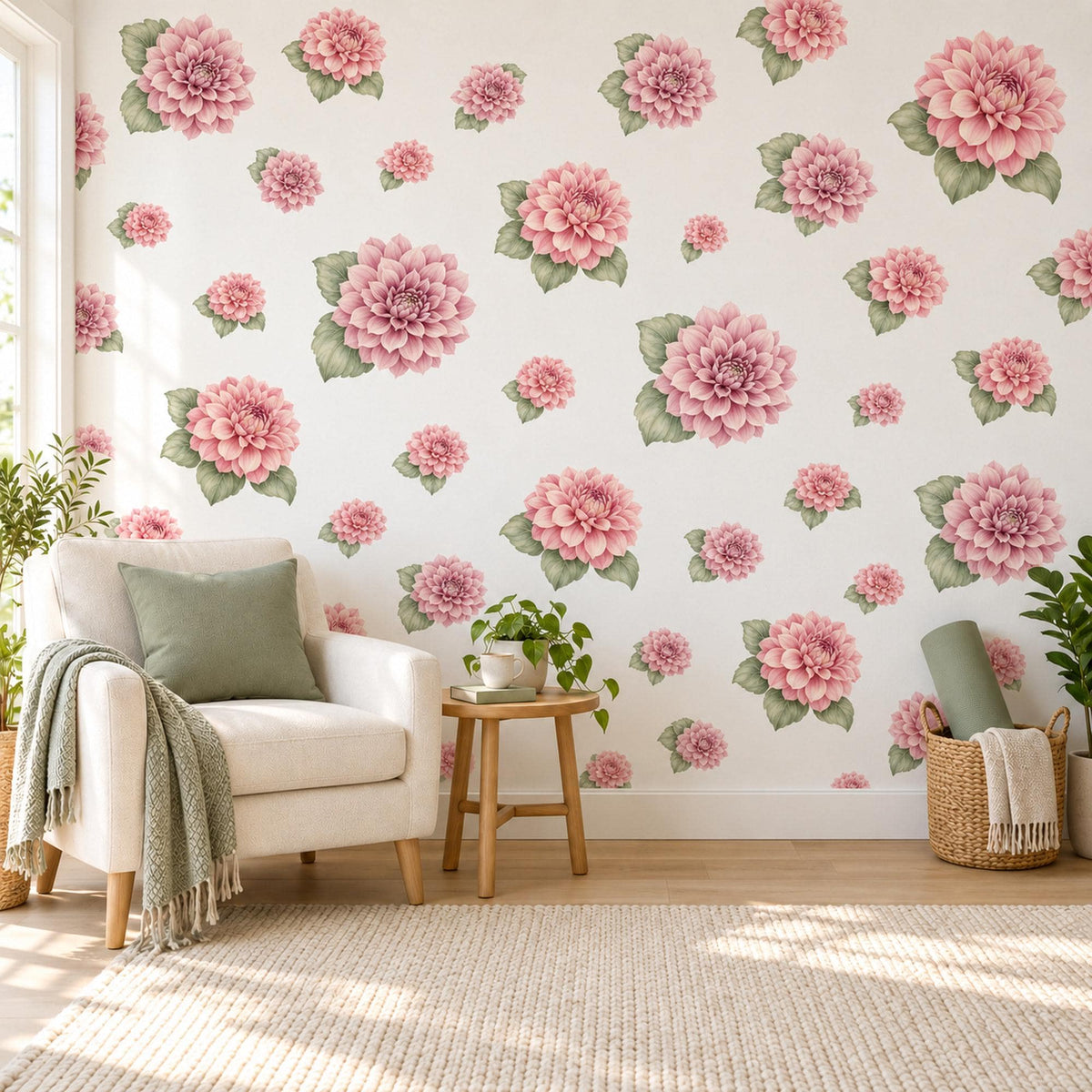 Dahlia Wall Stickers, Floral Nursery Decor, Mauve Flower Wall Decals, Dusty Rose Sage Girls Kids Room Peel and Stick Wall Art