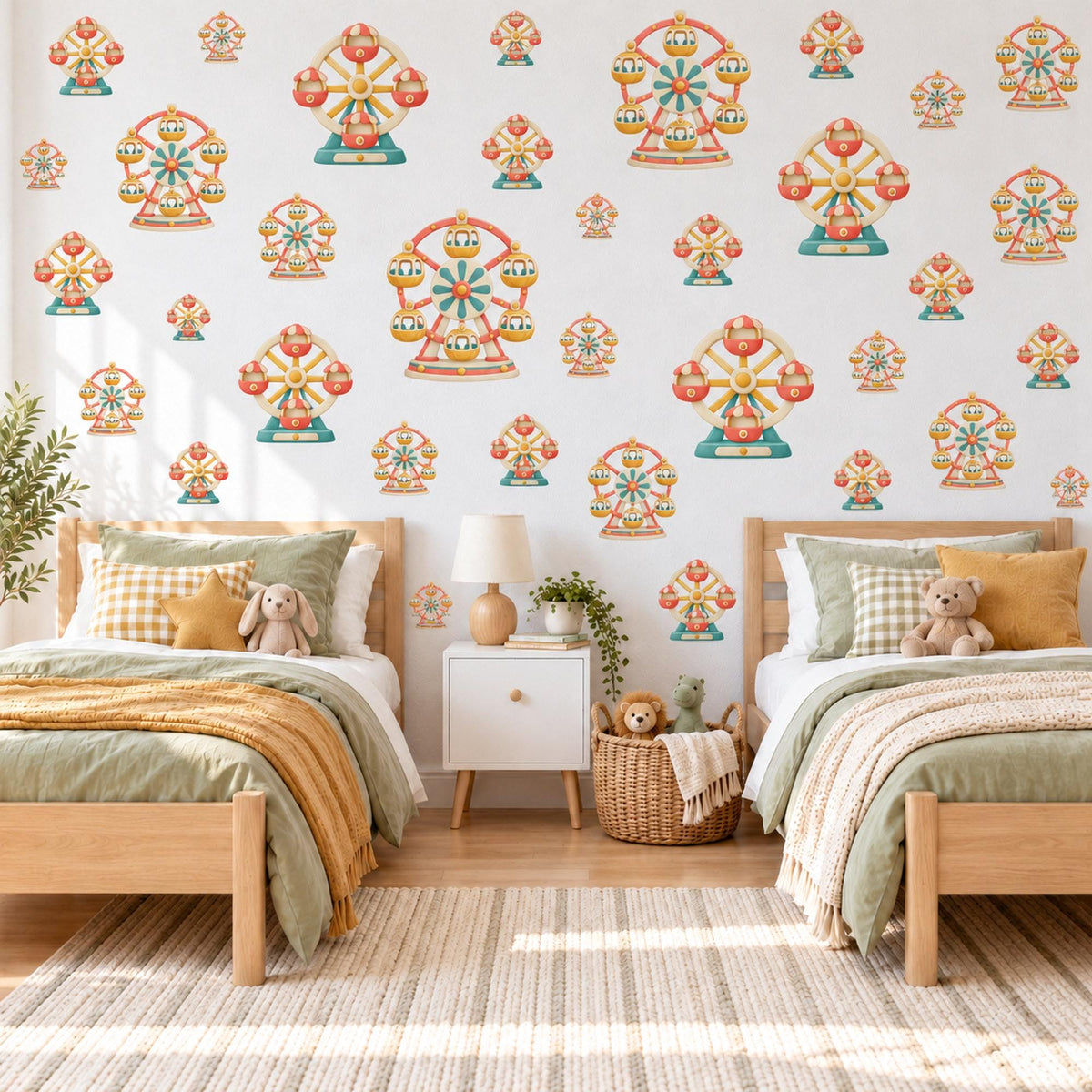 Ferris Wheel Wall Stickers, Funfair Nursery Decor, Toy Carnival Wall Decals, Teal Coral Circus Kids Room Peel and Stick Wall Art