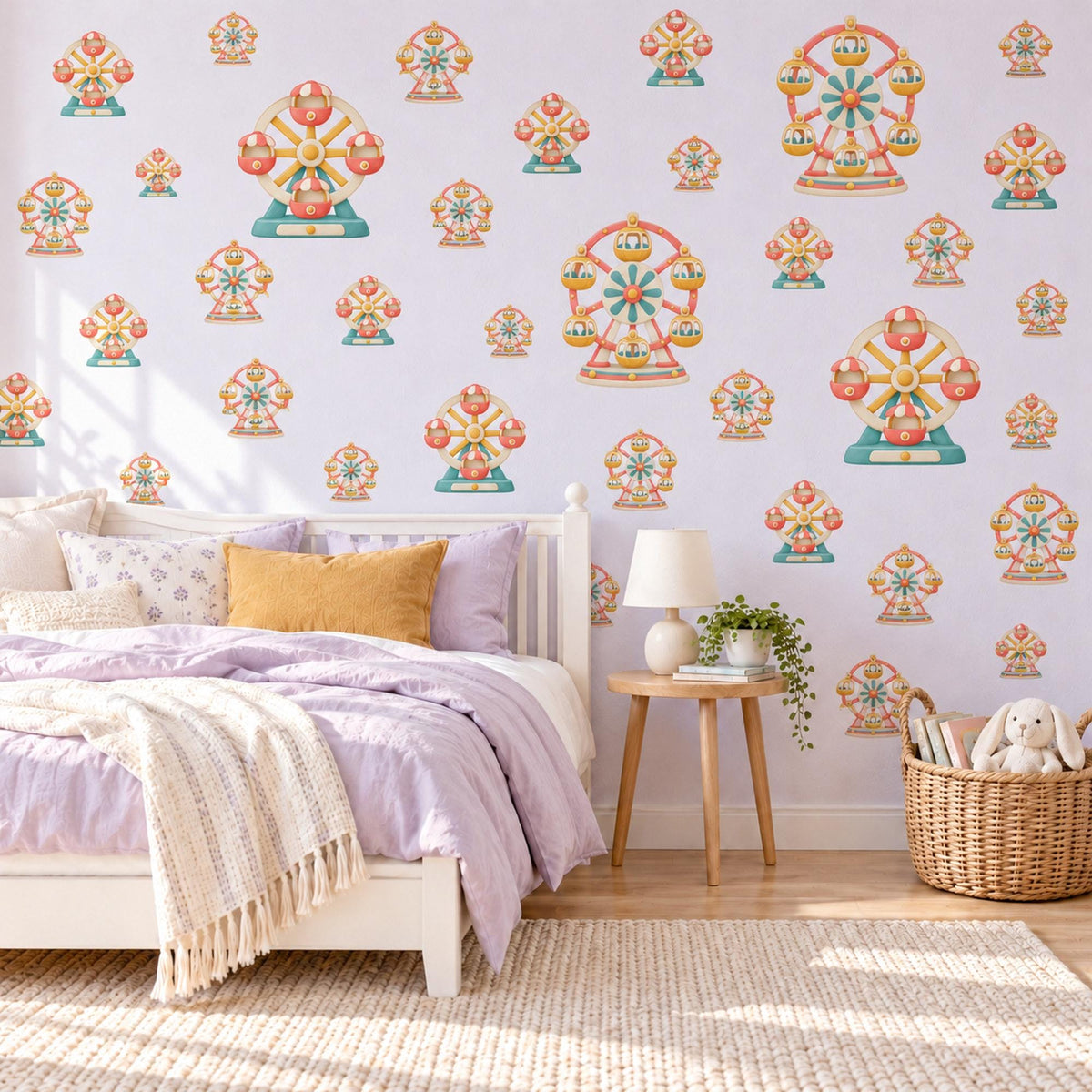 Ferris Wheel Wall Stickers, Funfair Nursery Decor, Toy Carnival Wall Decals, Teal Coral Circus Kids Room Peel and Stick Wall Art