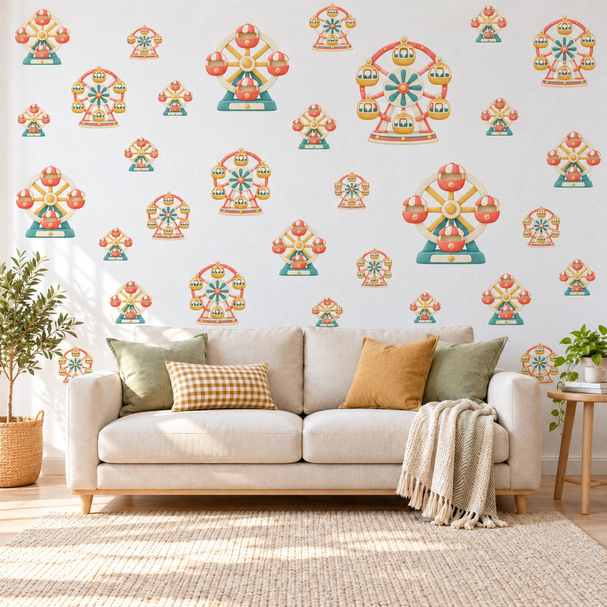 Ferris Wheel Wall Stickers, Funfair Nursery Decor, Toy Carnival Wall Decals, Teal Coral Circus Kids Room Peel and Stick Wall Art