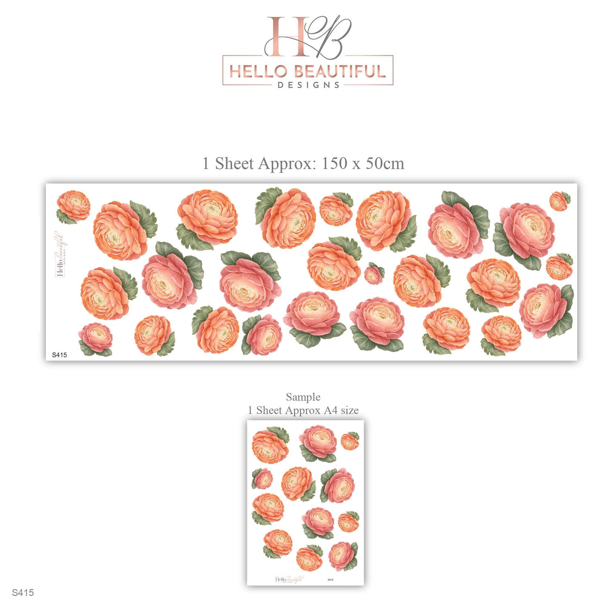 Ranunculus Wall Stickers, Apricot Flower Nursery Decor, Floral Wall Decals, Dusty Rose Sage Girls Kids Room Peel and Stick Wall Art