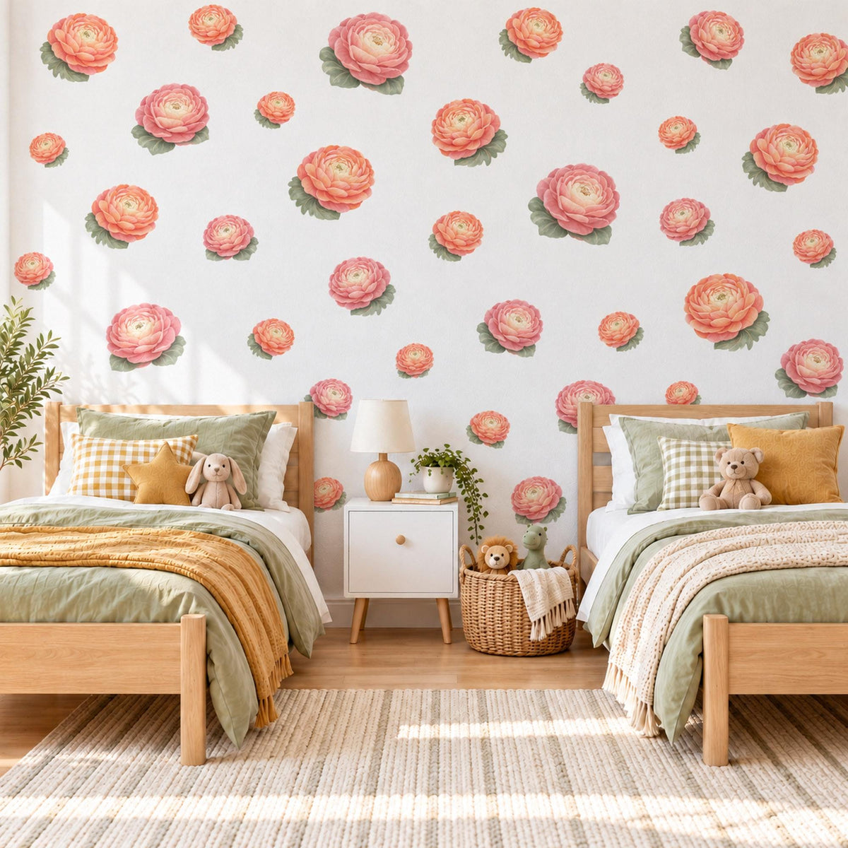 Ranunculus Wall Stickers, Apricot Flower Nursery Decor, Floral Wall Decals, Dusty Rose Sage Girls Kids Room Peel and Stick Wall Art