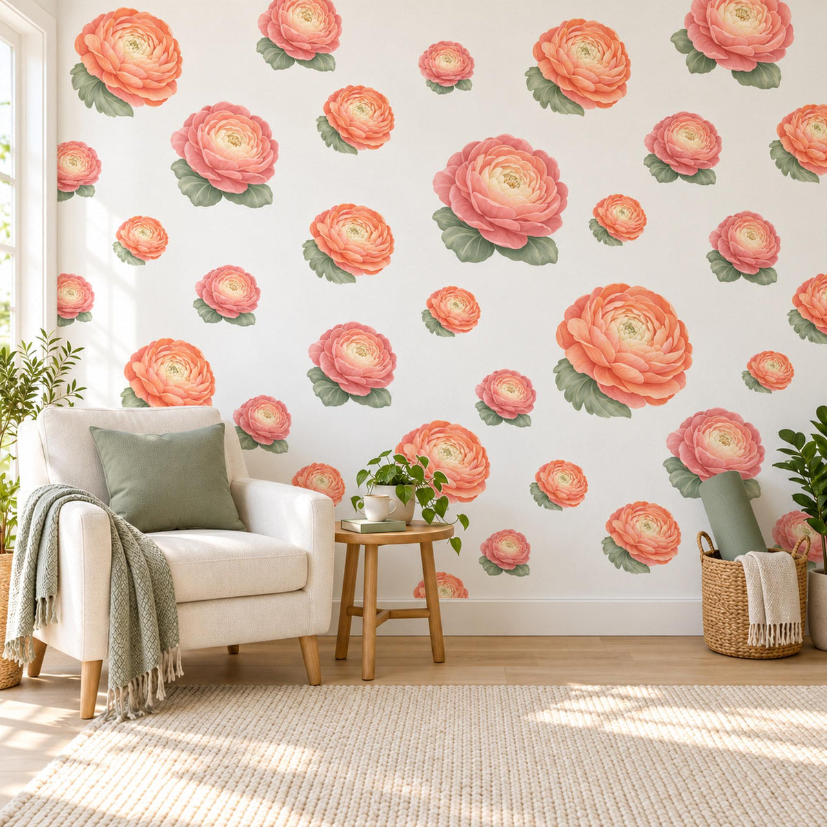 Ranunculus Wall Stickers, Apricot Flower Nursery Decor, Floral Wall Decals, Dusty Rose Sage Girls Kids Room Peel and Stick Wall Art