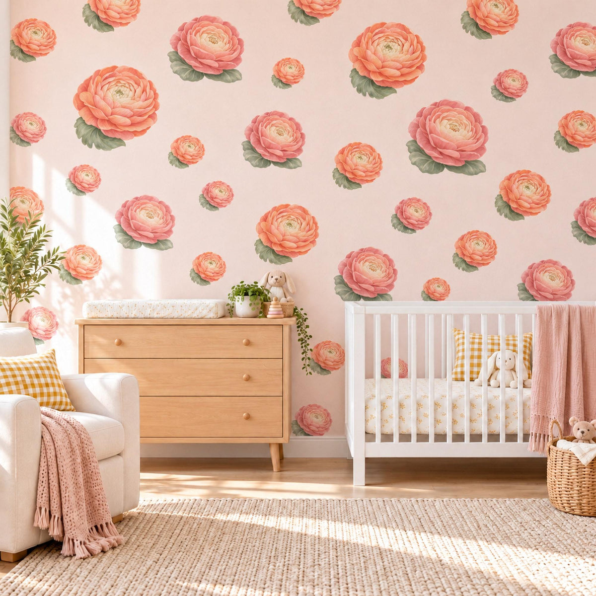 Ranunculus Wall Stickers, Apricot Flower Nursery Decor, Floral Wall Decals, Dusty Rose Sage Girls Kids Room Peel and Stick Wall Art