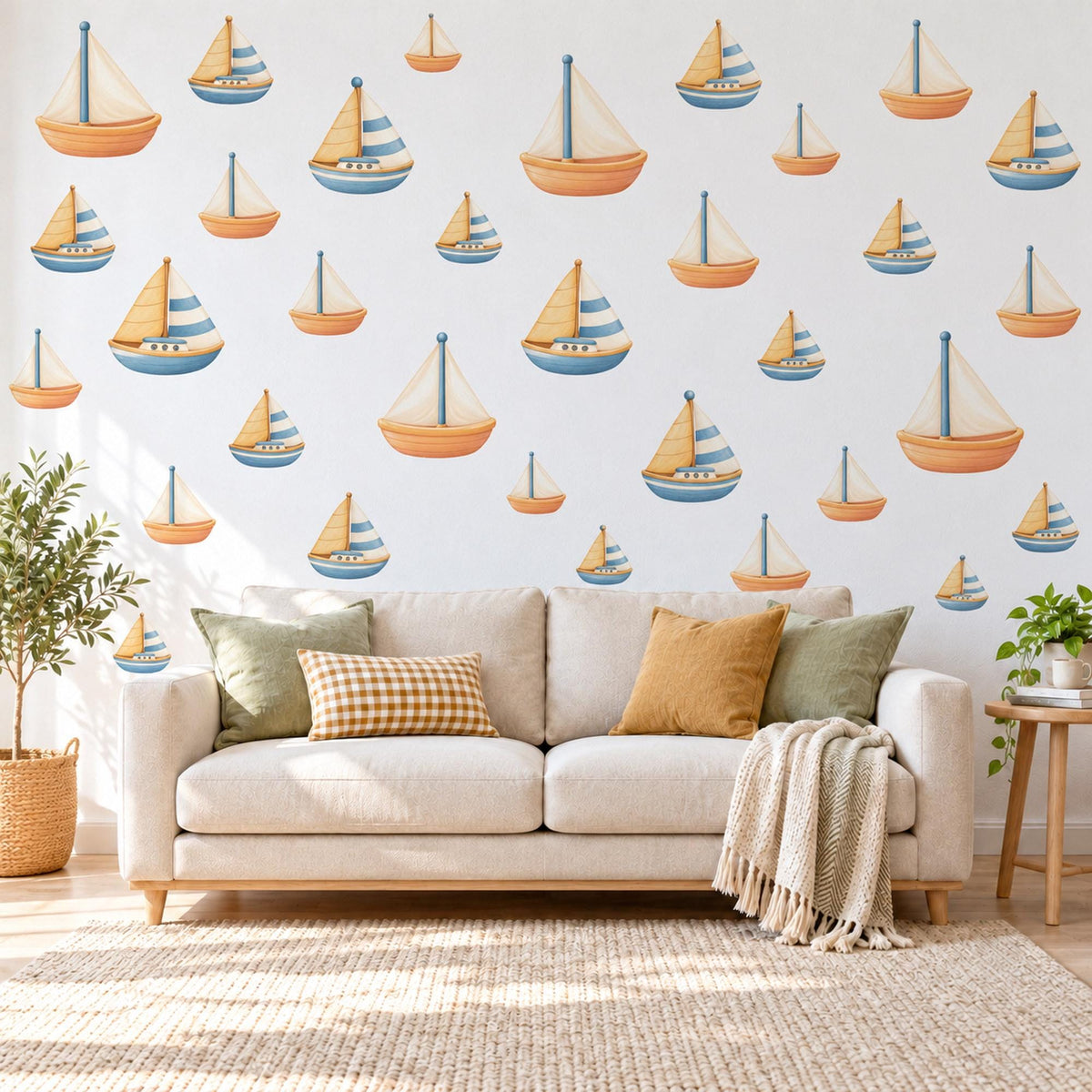 Sailboat Wall Stickers, Toy Boat Nursery Decor, Nautical Wall Decals, Peach Dusty Blue Seaside Kids Room Peel and Stick Wall Art