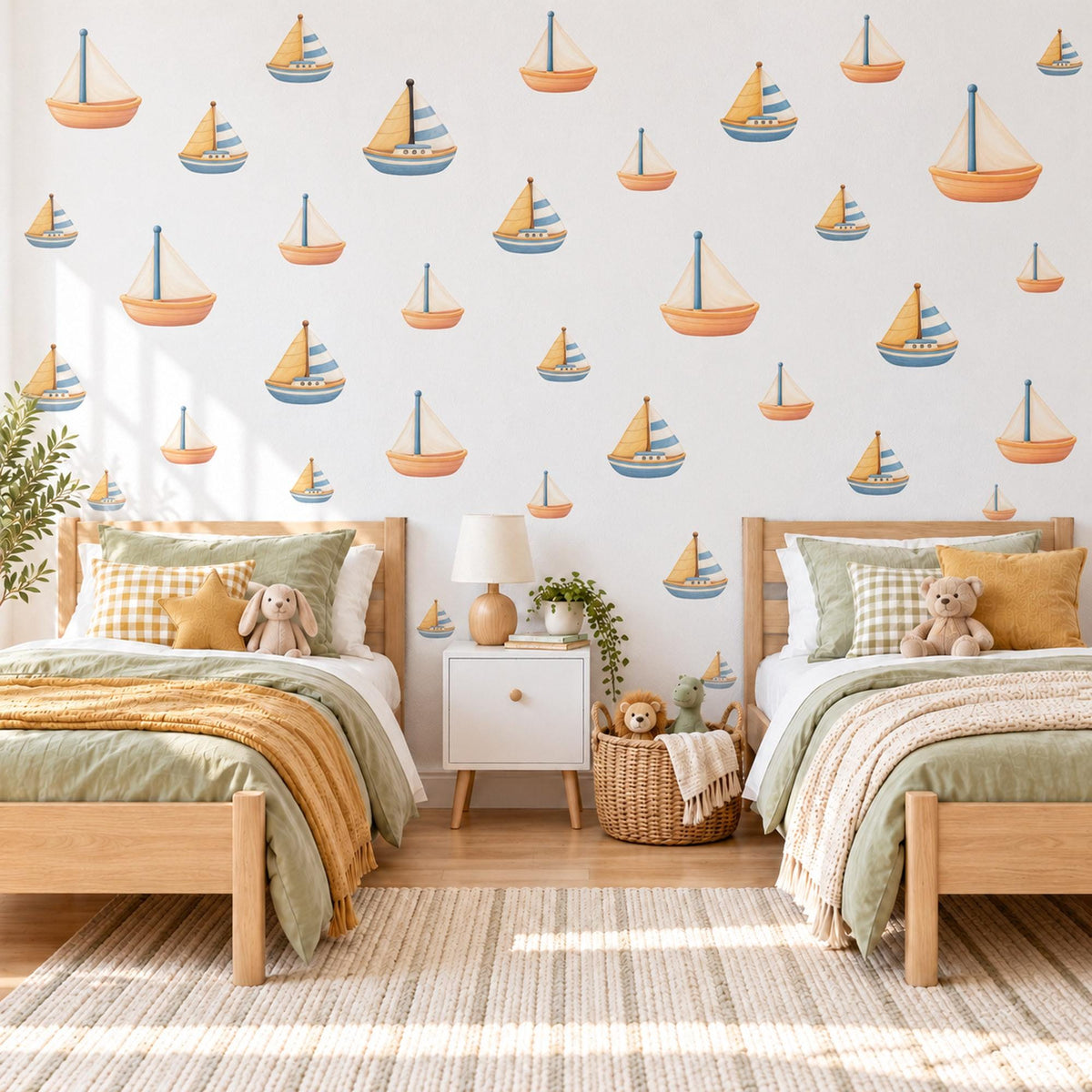 Sailboat Wall Stickers, Toy Boat Nursery Decor, Nautical Wall Decals, Peach Dusty Blue Seaside Kids Room Peel and Stick Wall Art