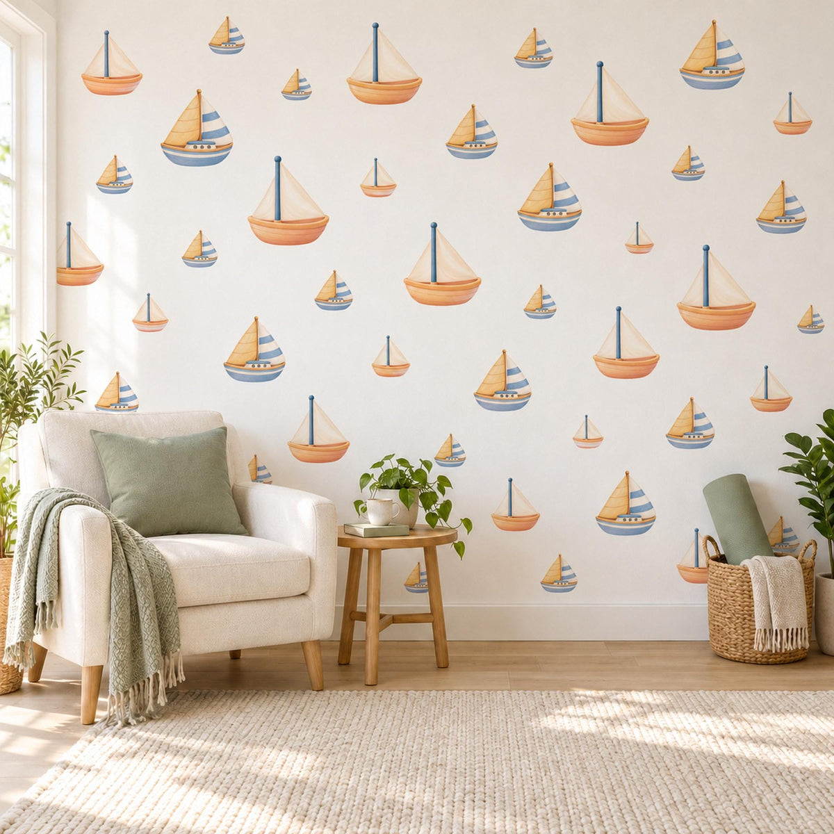 Sailboat Wall Stickers, Toy Boat Nursery Decor, Nautical Wall Decals, Peach Dusty Blue Seaside Kids Room Peel and Stick Wall Art