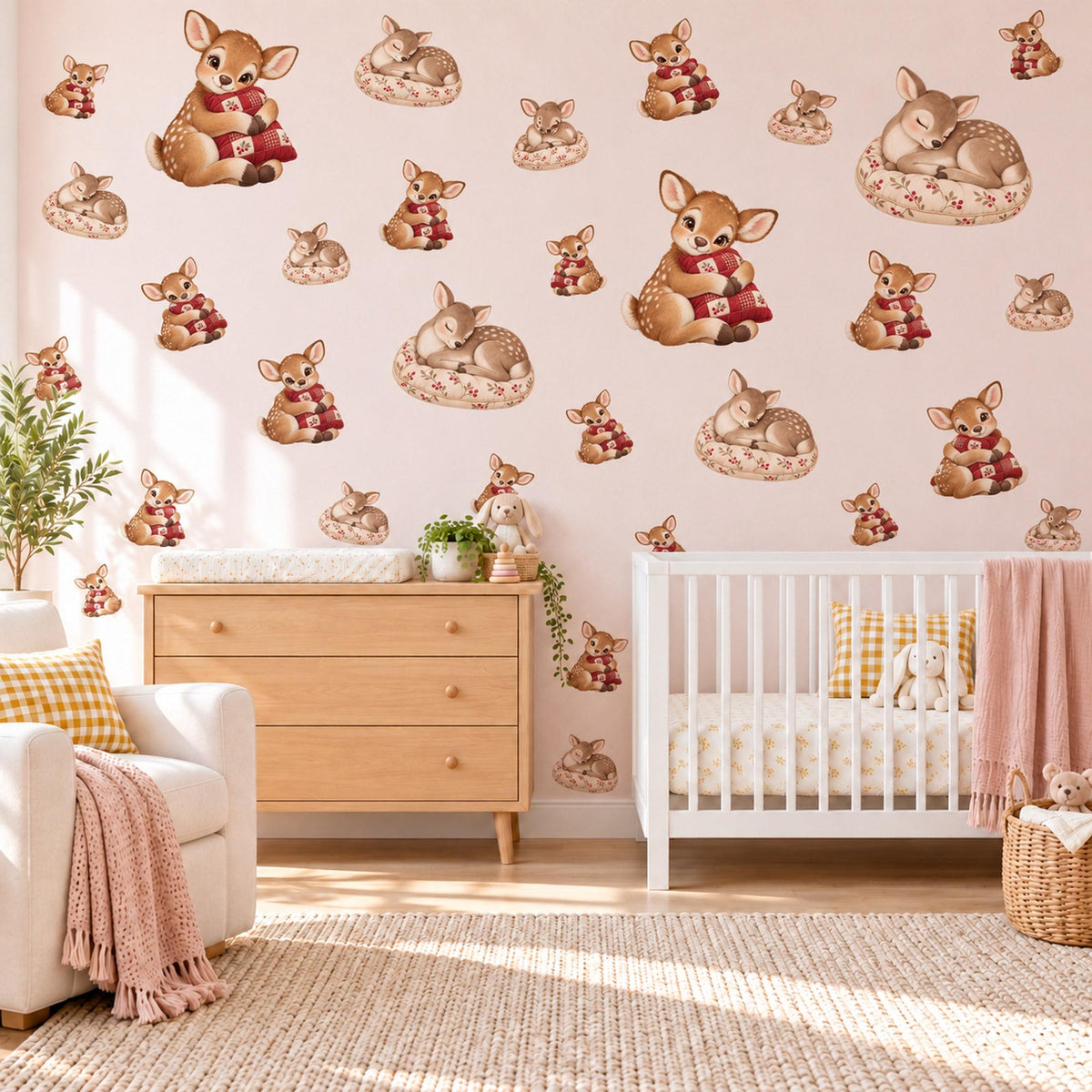 Reindeer Wall Stickers, Baby Reindeer Christmas Nursery Decor, Winter Animal Decals, Taupe Cranberry Kids Room Peel and Stick Wall Art