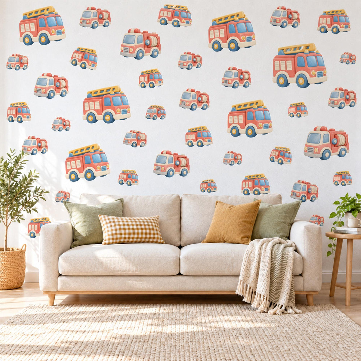 Fire Engine Wall Stickers, Fire Truck Nursery Decor, Vehicle Wall Decals, Coral Dusty Blue Honey Boys Room Peel and Stick Wall Art