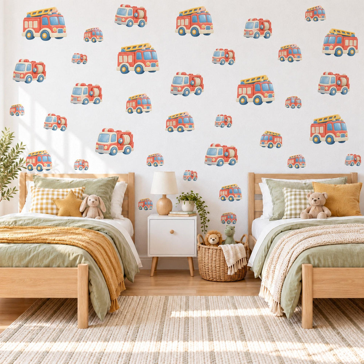 Fire Engine Wall Stickers, Fire Truck Nursery Decor, Vehicle Wall Decals, Coral Dusty Blue Honey Boys Room Peel and Stick Wall Art