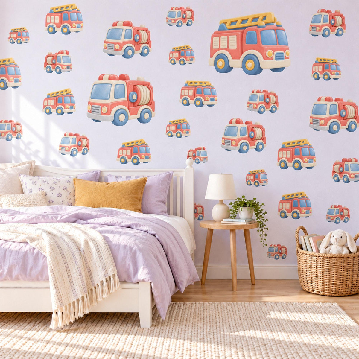 Fire Engine Wall Stickers, Fire Truck Nursery Decor, Vehicle Wall Decals, Coral Dusty Blue Honey Boys Room Peel and Stick Wall Art