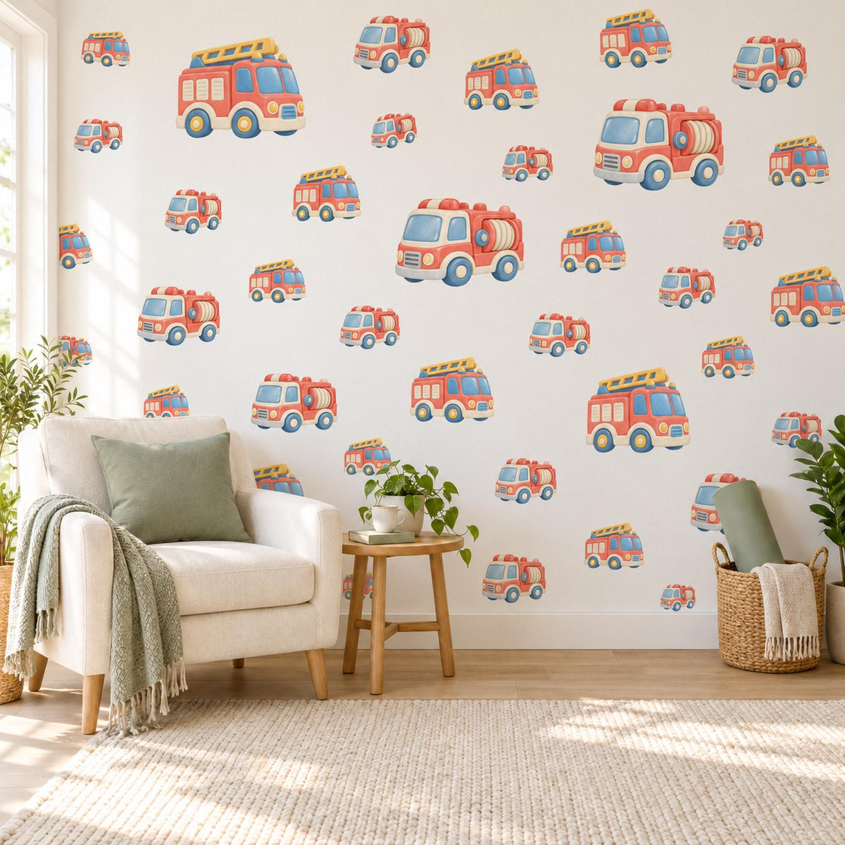 Fire Engine Wall Stickers, Fire Truck Nursery Decor, Vehicle Wall Decals, Coral Dusty Blue Honey Boys Room Peel and Stick Wall Art
