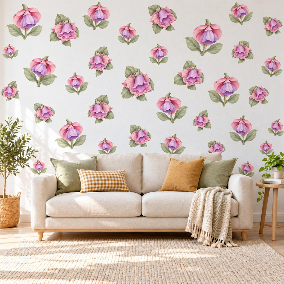 Fuchsia Wall Stickers, Lilac Flower Nursery Decor, Floral Bell Wall Decals, Dusty Rose Sage Girls Kids Room Peel and Stick Wall Art
