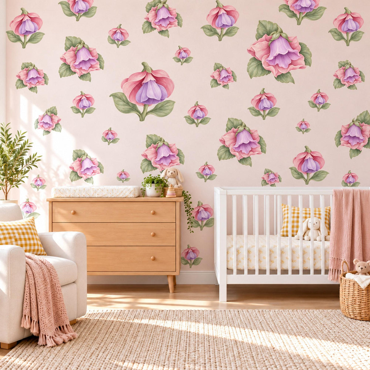 Fuchsia Wall Stickers, Lilac Flower Nursery Decor, Floral Bell Wall Decals, Dusty Rose Sage Girls Kids Room Peel and Stick Wall Art