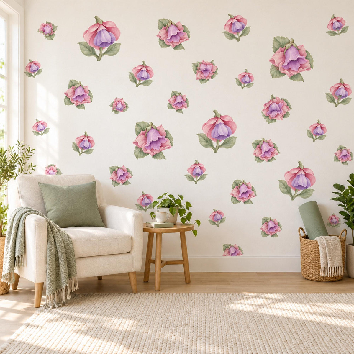 Fuchsia Wall Stickers, Lilac Flower Nursery Decor, Floral Bell Wall Decals, Dusty Rose Sage Girls Kids Room Peel and Stick Wall Art