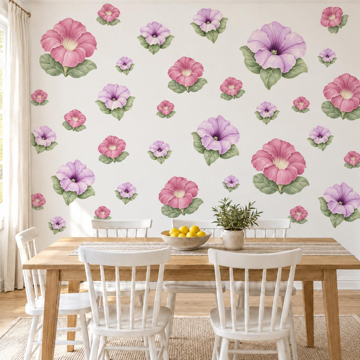 Petunia Wall Stickers, Pink Lavender Flower Nursery Decor, Floral Wall Decals, Sage Cottage Girls Room Peel and Stick Wall Art