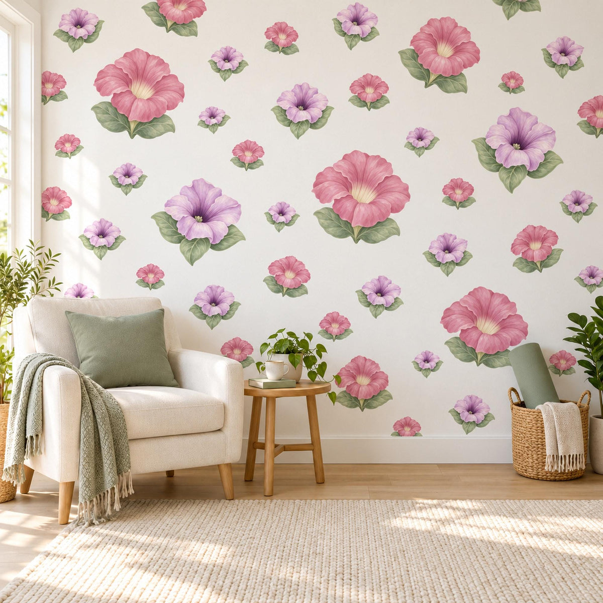 Petunia Wall Stickers, Pink Lavender Flower Nursery Decor, Floral Wall Decals, Sage Cottage Girls Room Peel and Stick Wall Art