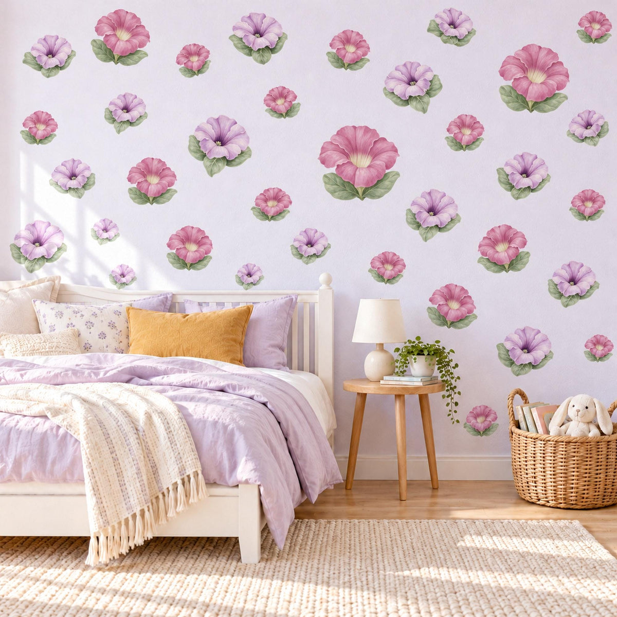 Petunia Wall Stickers, Pink Lavender Flower Nursery Decor, Floral Wall Decals, Sage Cottage Girls Room Peel and Stick Wall Art