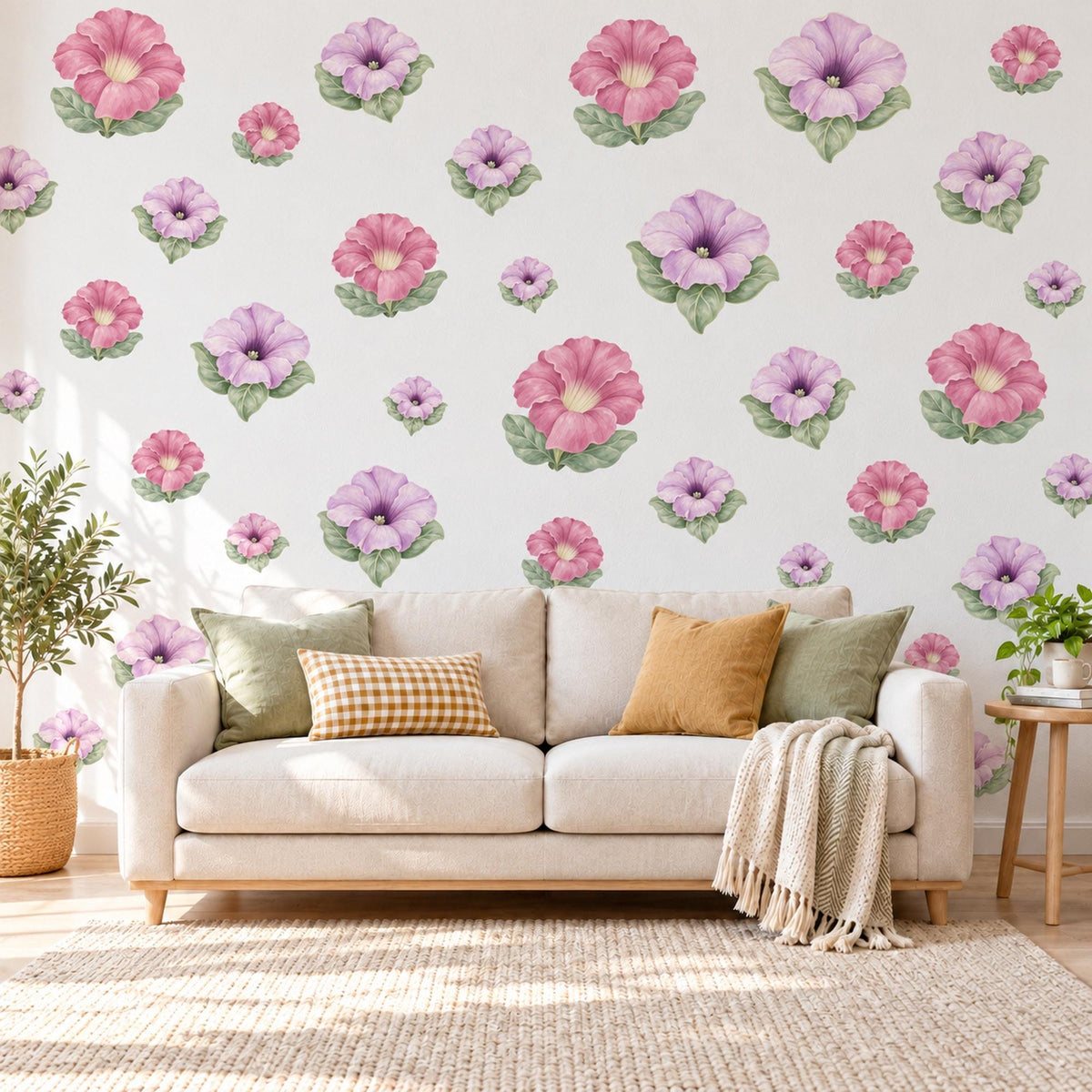 Petunia Wall Stickers, Pink Lavender Flower Nursery Decor, Floral Wall Decals, Sage Cottage Girls Room Peel and Stick Wall Art