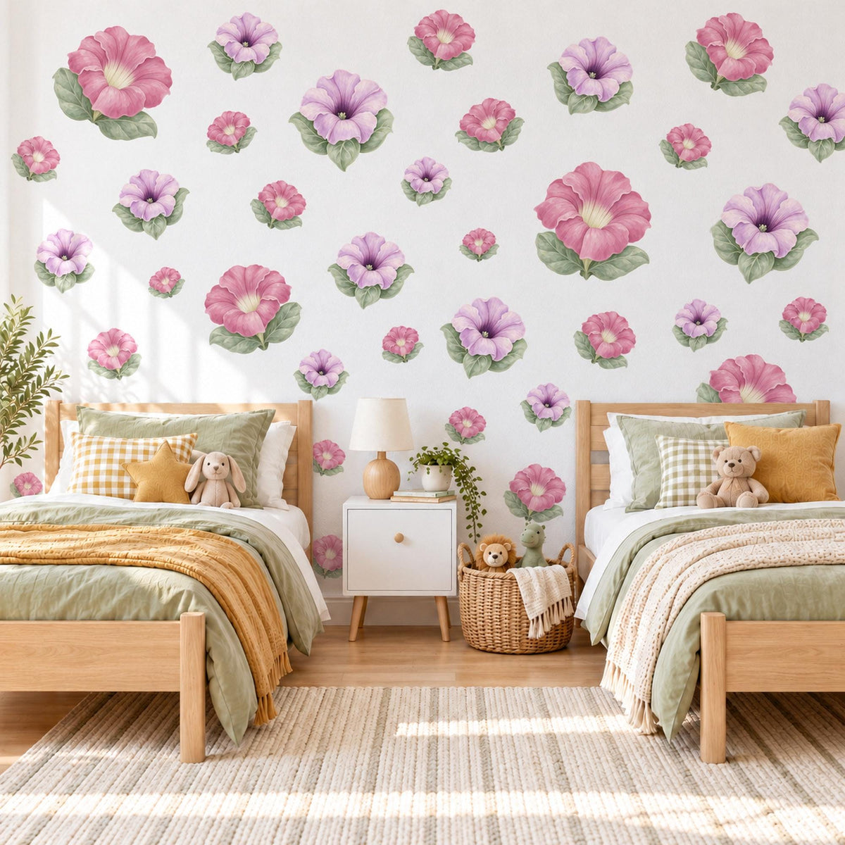 Petunia Wall Stickers, Pink Lavender Flower Nursery Decor, Floral Wall Decals, Sage Cottage Girls Room Peel and Stick Wall Art