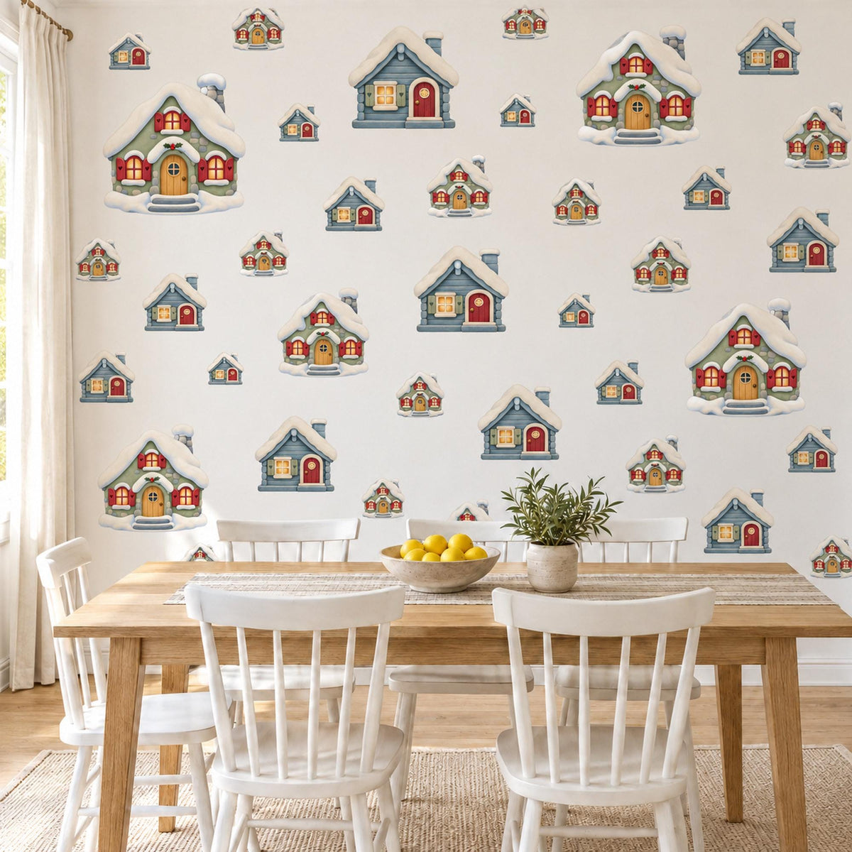 Winter Cabin Wall Stickers, Snowy Cottage Nursery Decor, Christmas House Wall Decals, Blue Red Sage Kids Room Peel and Stick Wall Art