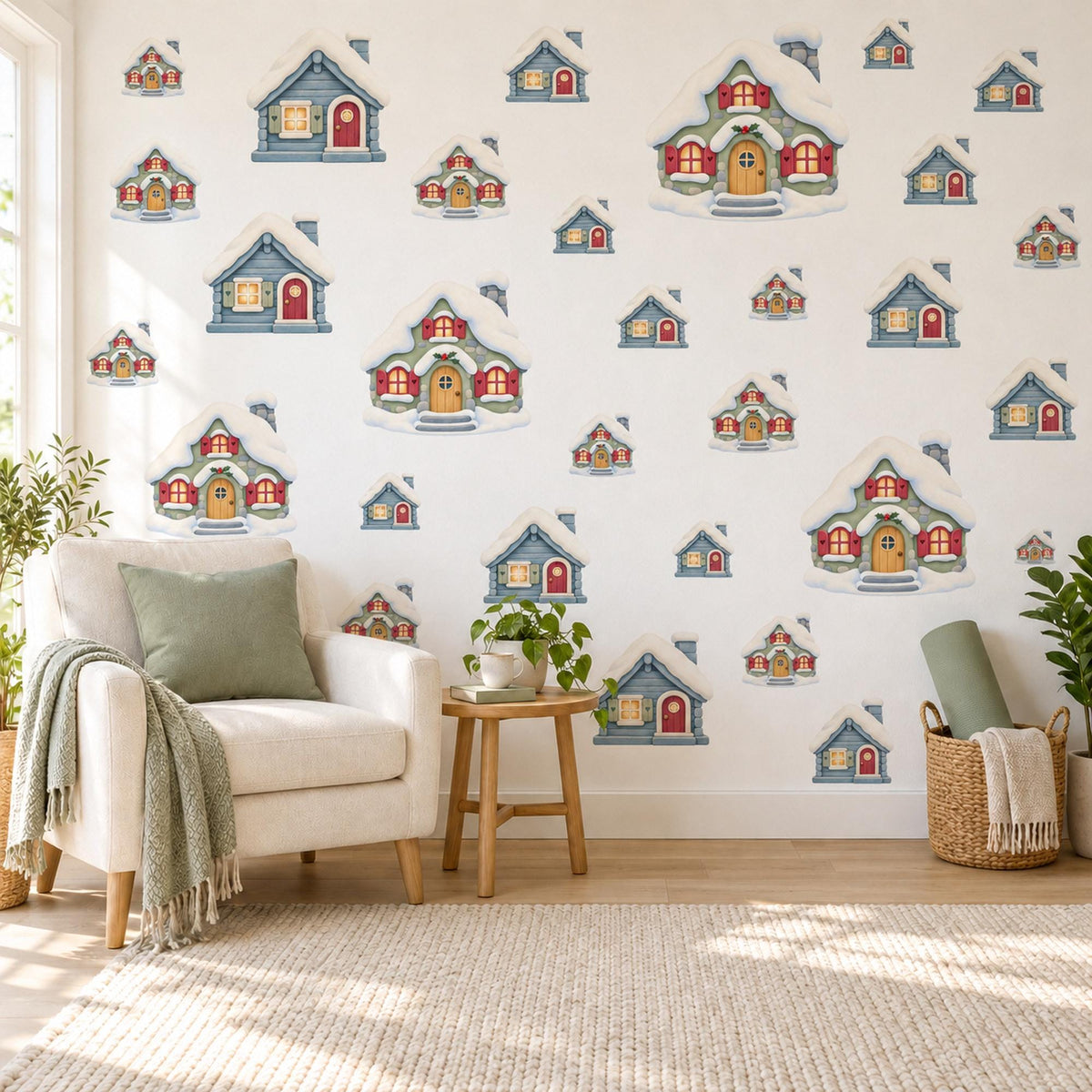 Winter Cabin Wall Stickers, Snowy Cottage Nursery Decor, Christmas House Wall Decals, Blue Red Sage Kids Room Peel and Stick Wall Art