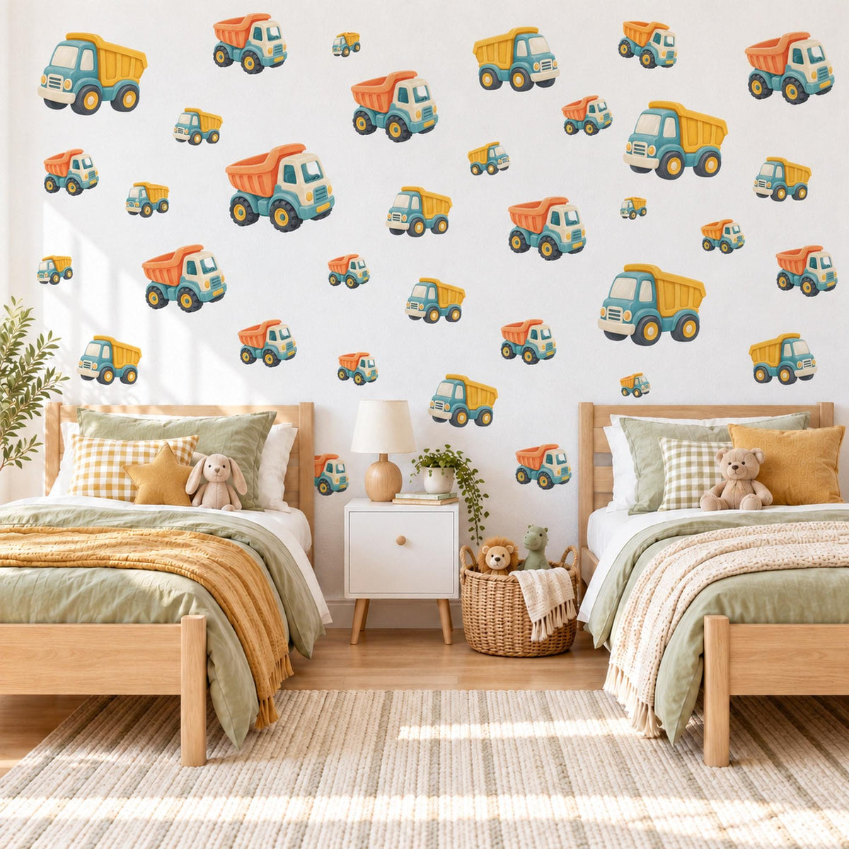 Dumper Truck Wall Stickers, Construction Nursery Decor, Toy Digger Truck Wall Decals, Apricot Teal Mustard Boys Room Peel and Stick Art