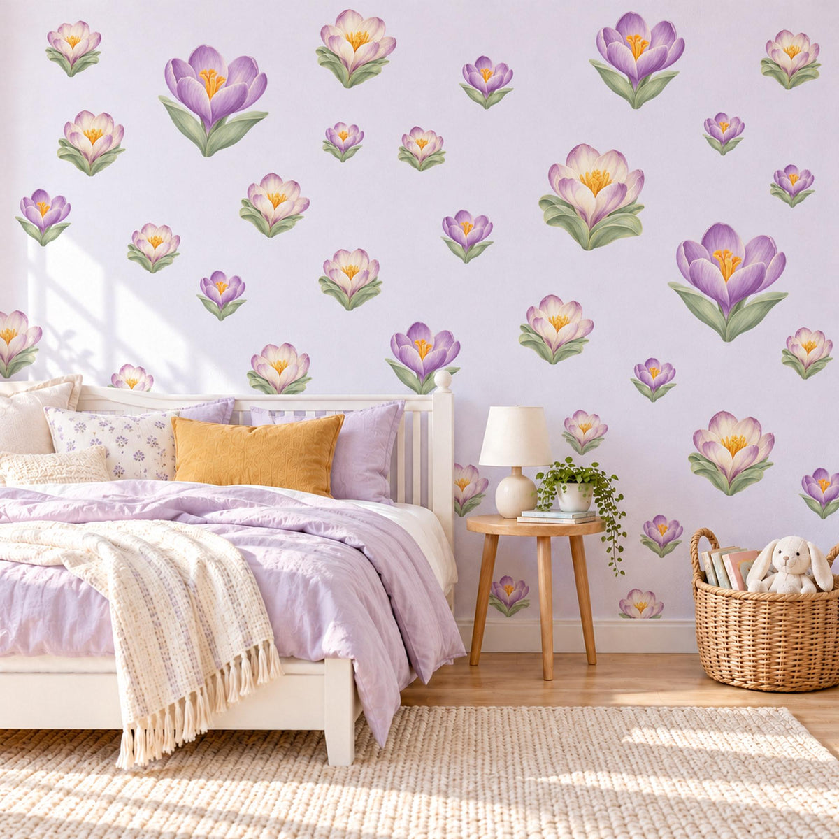 Crocus Wall Stickers, Spring Flower Nursery Decor, Mauve Floral Wall Decals, Saffron Sage Cottage Girls Room Peel and Stick Wall Art