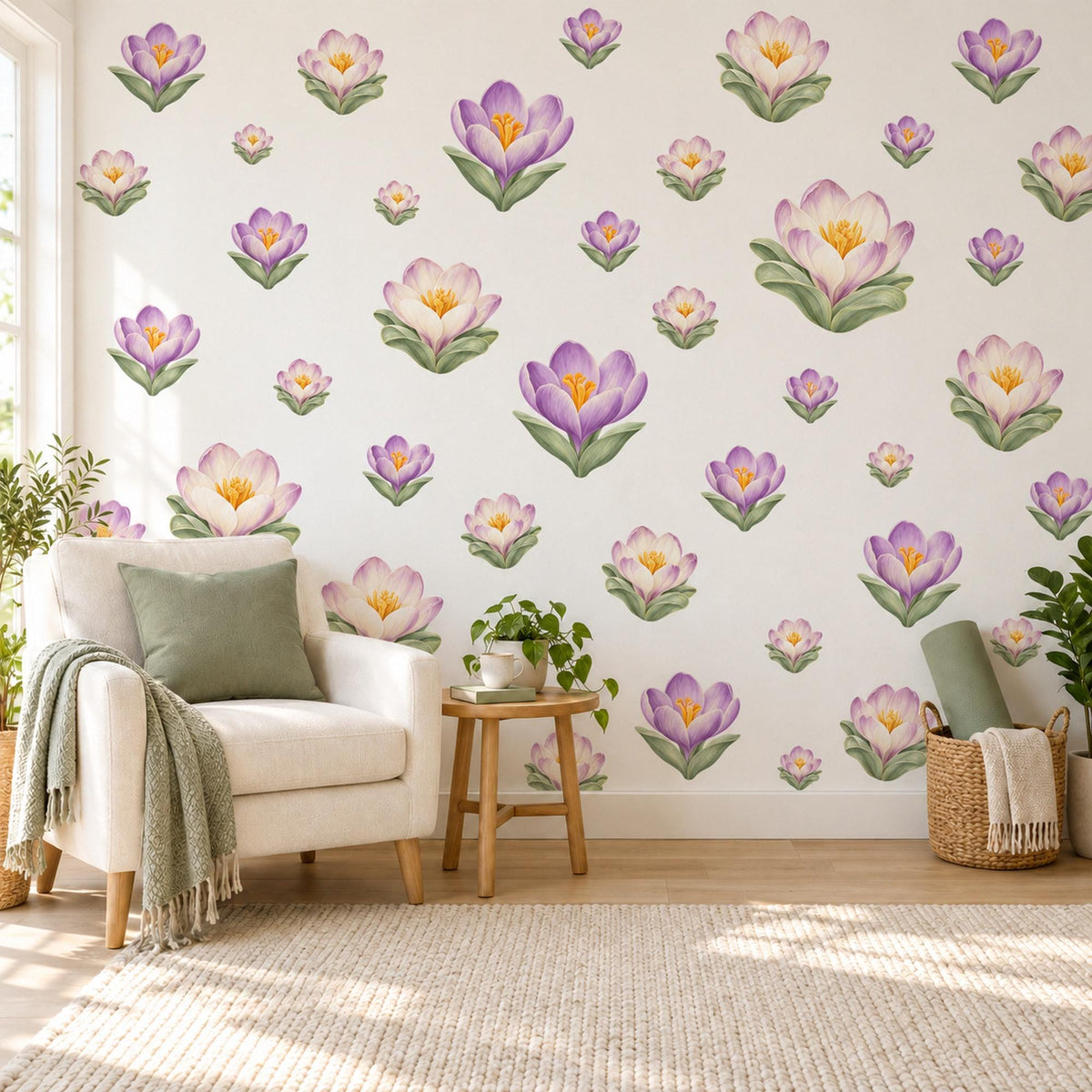 Crocus Wall Stickers, Spring Flower Nursery Decor, Mauve Floral Wall Decals, Saffron Sage Cottage Girls Room Peel and Stick Wall Art