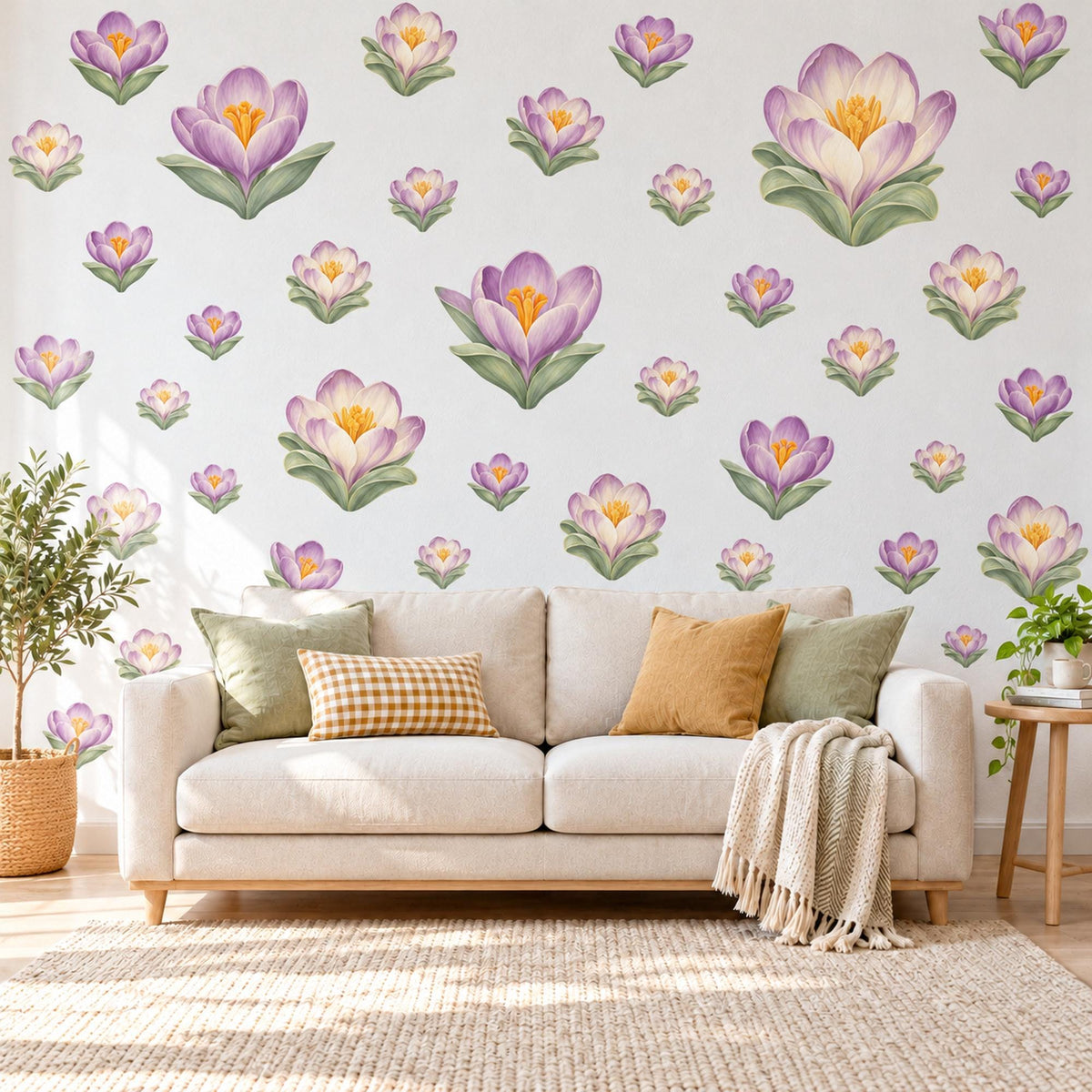 Crocus Wall Stickers, Spring Flower Nursery Decor, Mauve Floral Wall Decals, Saffron Sage Cottage Girls Room Peel and Stick Wall Art