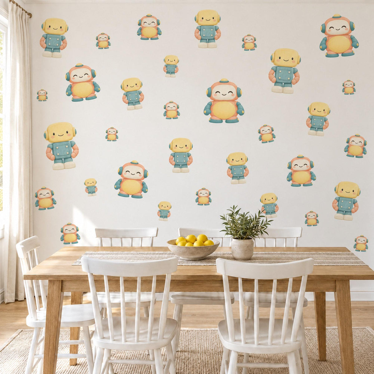 Robot Wall Stickers, Wooden Toy Robot Nursery Decor, Friendly Robot Wall Decals, Yellow Teal Peach Kids Room Peel and Stick Wall Art