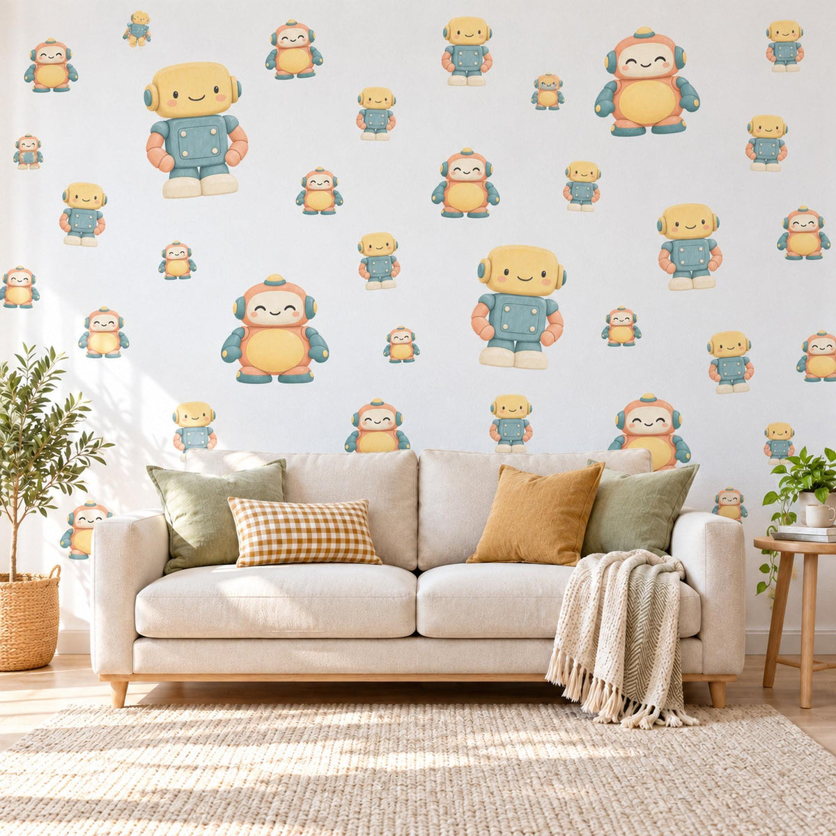 Robot Wall Stickers, Wooden Toy Robot Nursery Decor, Friendly Robot Wall Decals, Yellow Teal Peach Kids Room Peel and Stick Wall Art