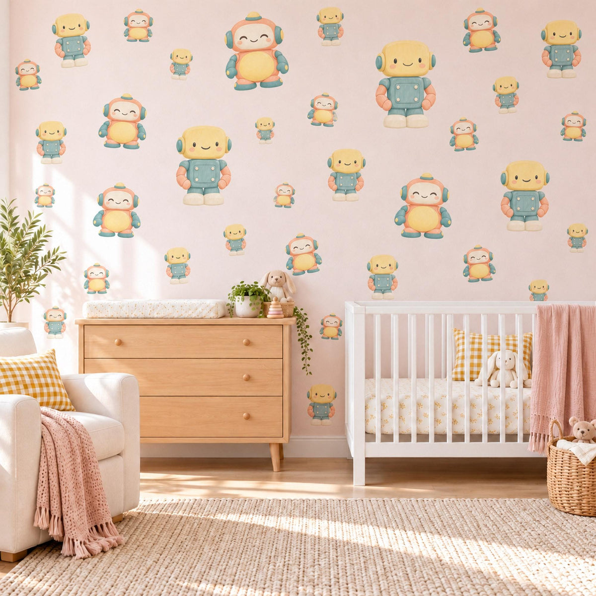 Robot Wall Stickers, Wooden Toy Robot Nursery Decor, Friendly Robot Wall Decals, Yellow Teal Peach Kids Room Peel and Stick Wall Art